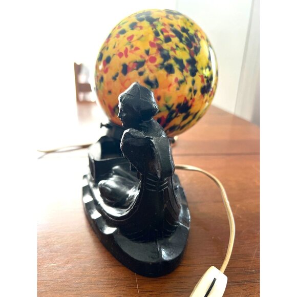 Antique Art NOVEAU Deco Lamp End of Day Glass Shade & Black Iron Base TESTED - Picture 4 of 10